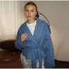 Women's Cropped Denim Blazer with a Belted Waist and Double-Breasted Front