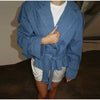 Women's Cropped Denim Blazer with a Belted Waist and Double-Breasted Front