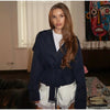 Women's Cropped Denim Blazer with a Belted Waist and Double-Breasted Front