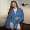 Women's Cropped Denim Blazer with a Belted Waist and Double-Breasted Front