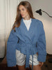 Women's Cropped Denim Blazer with a Belted Waist and Double-Breasted Front