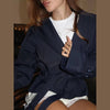 Women's Cropped Denim Blazer with a Belted Waist and Double-Breasted Front