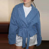 Women's Cropped Denim Blazer with a Belted Waist and Double-Breasted Front