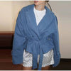 Women's Cropped Denim Blazer with a Belted Waist and Double-Breasted Front