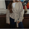 Women's Cropped Denim Blazer with a Belted Waist and Double-Breasted Front