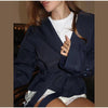 Women's Cropped Denim Blazer with a Belted Waist and Double-Breasted Front