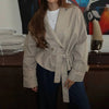 Women's Cropped Denim Blazer with a Belted Waist and Double-Breasted Front
