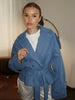 Women's Cropped Denim Blazer with a Belted Waist and Double-Breasted Front