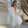Women's Pinstripe Blazer with a Tulle Ruffle Lapel and Self-Tie Belt