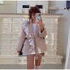 Women's Pinstripe Blazer with a Tulle Ruffle Lapel and Self-Tie Belt