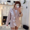 Women's Pinstripe Blazer with a Tulle Ruffle Lapel and Self-Tie Belt