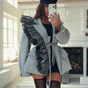 Women's Pinstripe Blazer with a Tulle Ruffle Lapel and Self-Tie Belt