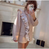 Women's Pinstripe Blazer with a Tulle Ruffle Lapel and Self-Tie Belt