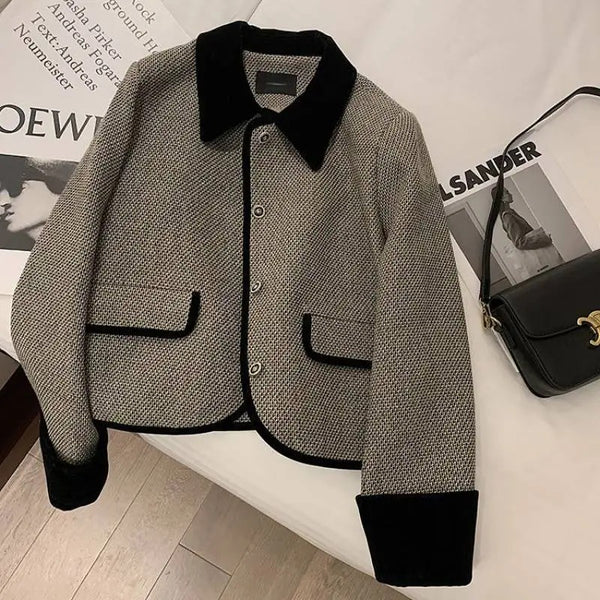 Women's 's Autumn And Winter Plush Thickened Suit Short Loose Versatile Grey Splice Casual Blazer