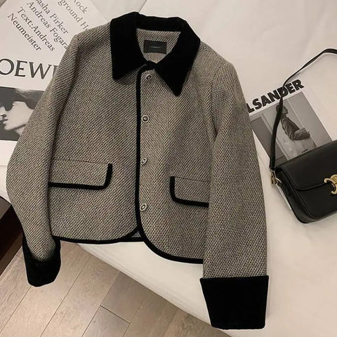 Women's 's Autumn And Winter Plush Thickened Suit Short Loose Versatile Grey Splice Casual Blazer