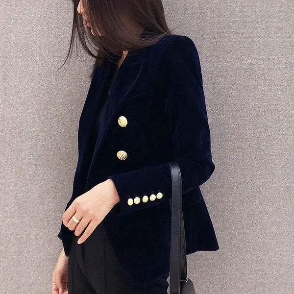 Women's Slim-Fit Velvet Blazer with a Double-Breasted Front and Three Color Options