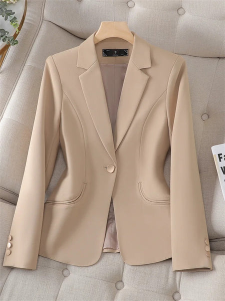 Women's Tailored Blazer Jacket with a Single-Button Front in Black Khaki or Off-White