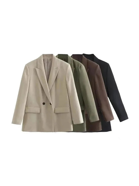 Women's Vintage-Inspired Double-Breasted Blazer with Pockets and Long Sleeves