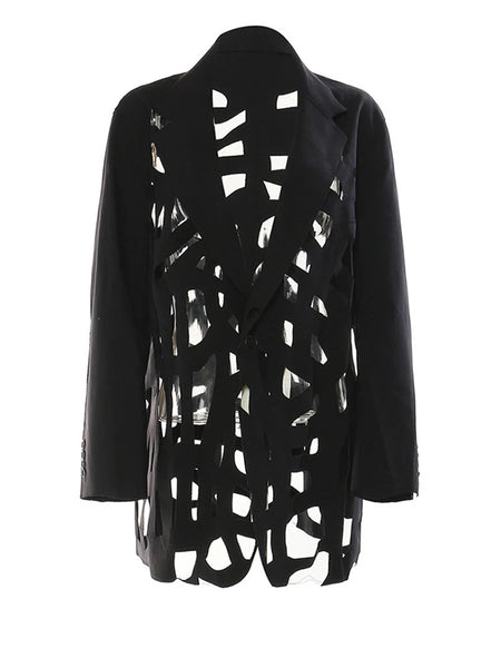 Women's Black Hollow-Out Blazer with Notched Lapels and Long Sleeves