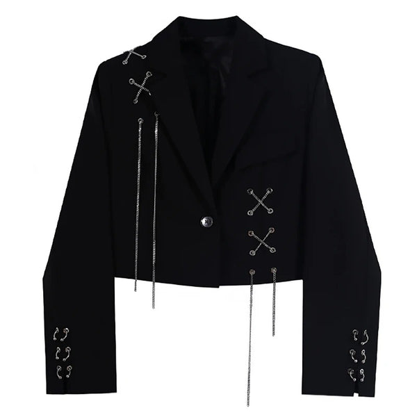 Women's Punk Cropped Blazer with Metal Chains and Patchwork Detail