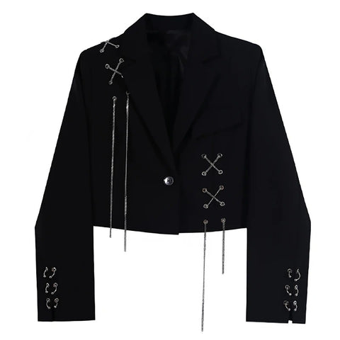 Women's Punk Cropped Blazer with Metal Chains and Patchwork Detail