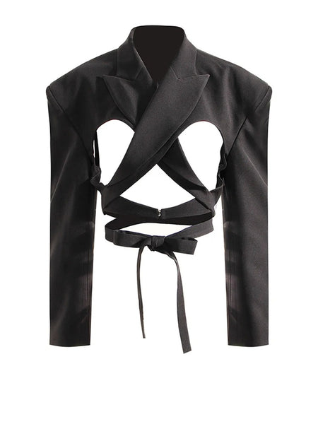 Women's Black Open-Back Blazer with Lapels and Long Sleeves
