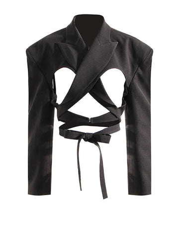Women's Black Open-Back Blazer with Lapels and Long Sleeves