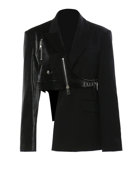 Women's Black PU-Leather Blazer with Notched Lapels and a Loose Fit