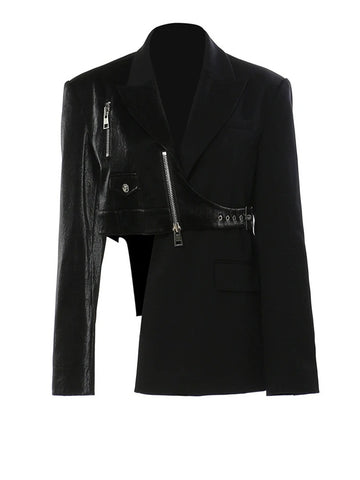Women's Black PU-Leather Blazer with Notched Lapels and a Loose Fit