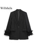 Women's Black Blazer with Feather Trim and Notched Lapels