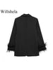 Women's Black Blazer with Feather Trim and Notched Lapels