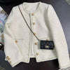 Women's Off-White Tweed Blazer with a Round Neck and Gold Buttons
