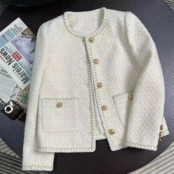 Women's Off-White Tweed Blazer with a Round Neck and Gold Buttons