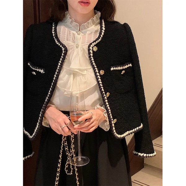 Women's Black Tweed Cropped Blazer with a Single-Breasted Front