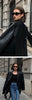 Women's Oversized Black Leather Blazer with Flap Pockets and Long Sleeves