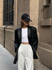 Women's Oversized Black Leather Blazer with Flap Pockets and Long Sleeves