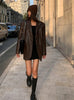 Women's Oversized Black Leather Blazer with Flap Pockets and Long Sleeves