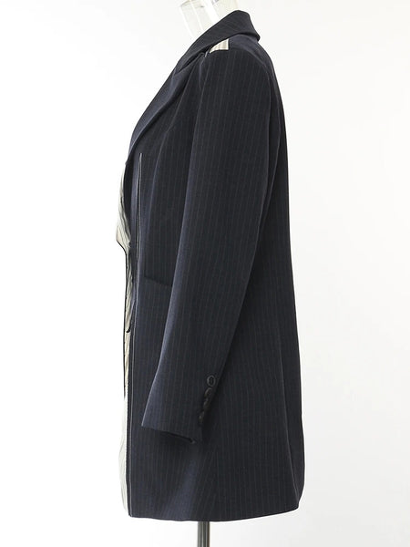Women's Navy Pinstripe Blazer with a Notched Lapel and Long Sleeves