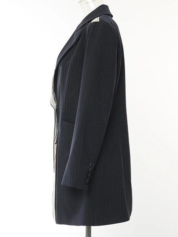 Women's Navy Pinstripe Blazer with a Notched Lapel and Long Sleeves