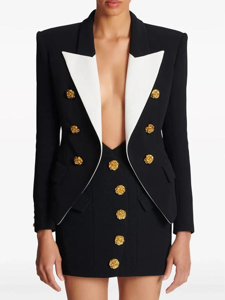 Women's HIGH STREET Newest Designer 's Slim Fitting Rose Metal Buttons Color Block Blazer