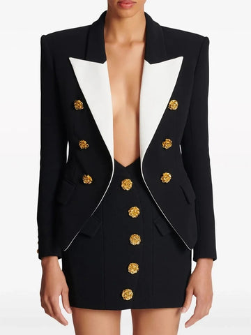 Women's HIGH STREET Newest Designer 's Slim Fitting Rose Metal Buttons Color Block Blazer
