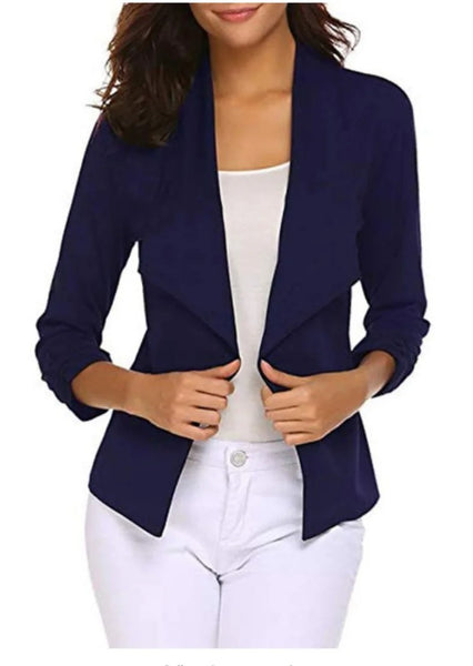 Women's Open-Front Blazer with Three-Quarter Sleeves and Removable Shoulder Pads