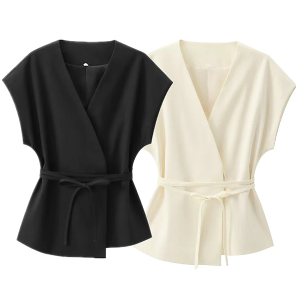Women's Sleeveless Blazer Vest with a Waist Sash in Black or Beige