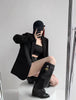 Women's Vintage Style Loose Fit Single Button Blazer with Notched Lapels and Buttoned Long Sleeves