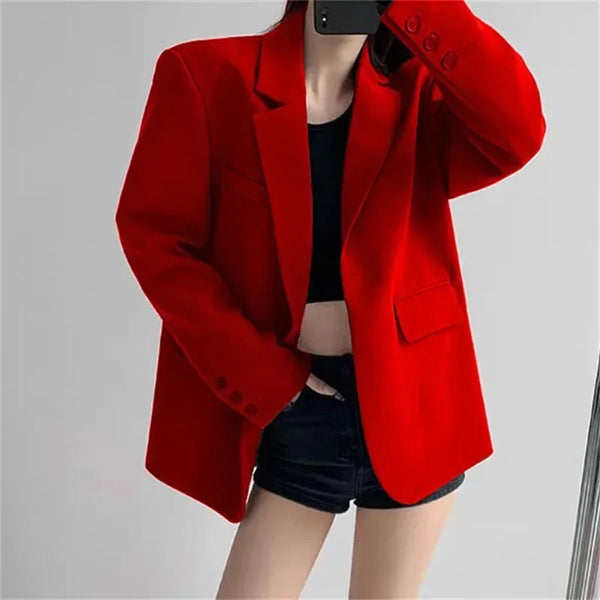 Women's Vintage Style Loose Fit Single Button Blazer with Notched Lapels and Buttoned Long Sleeves