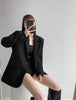 Women's Vintage Style Loose Fit Single Button Blazer with Notched Lapels and Buttoned Long Sleeves