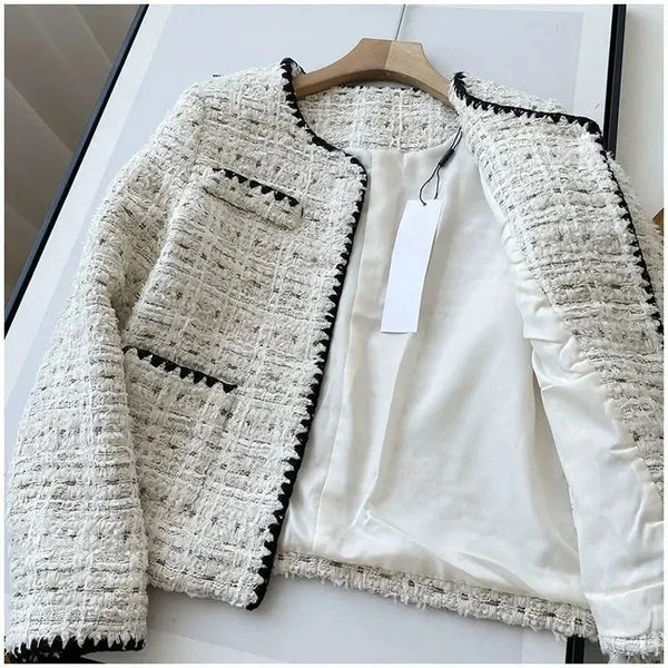 Women's Off-White Tweed Blazer with Contrasting Trim and a Round Neck