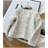 Women's Off-White Tweed Blazer with Contrasting Trim and a Round Neck