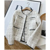 Women's Off-White Tweed Blazer with Contrasting Trim and a Round Neck