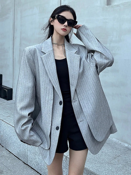 Women's Faux Two-Piece Blazer with Shoulder Pads in Black or Gray